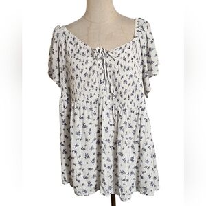 Torrid White With Blue Flutter Sleeve Smocked Cottage Blouse Top Plua Size